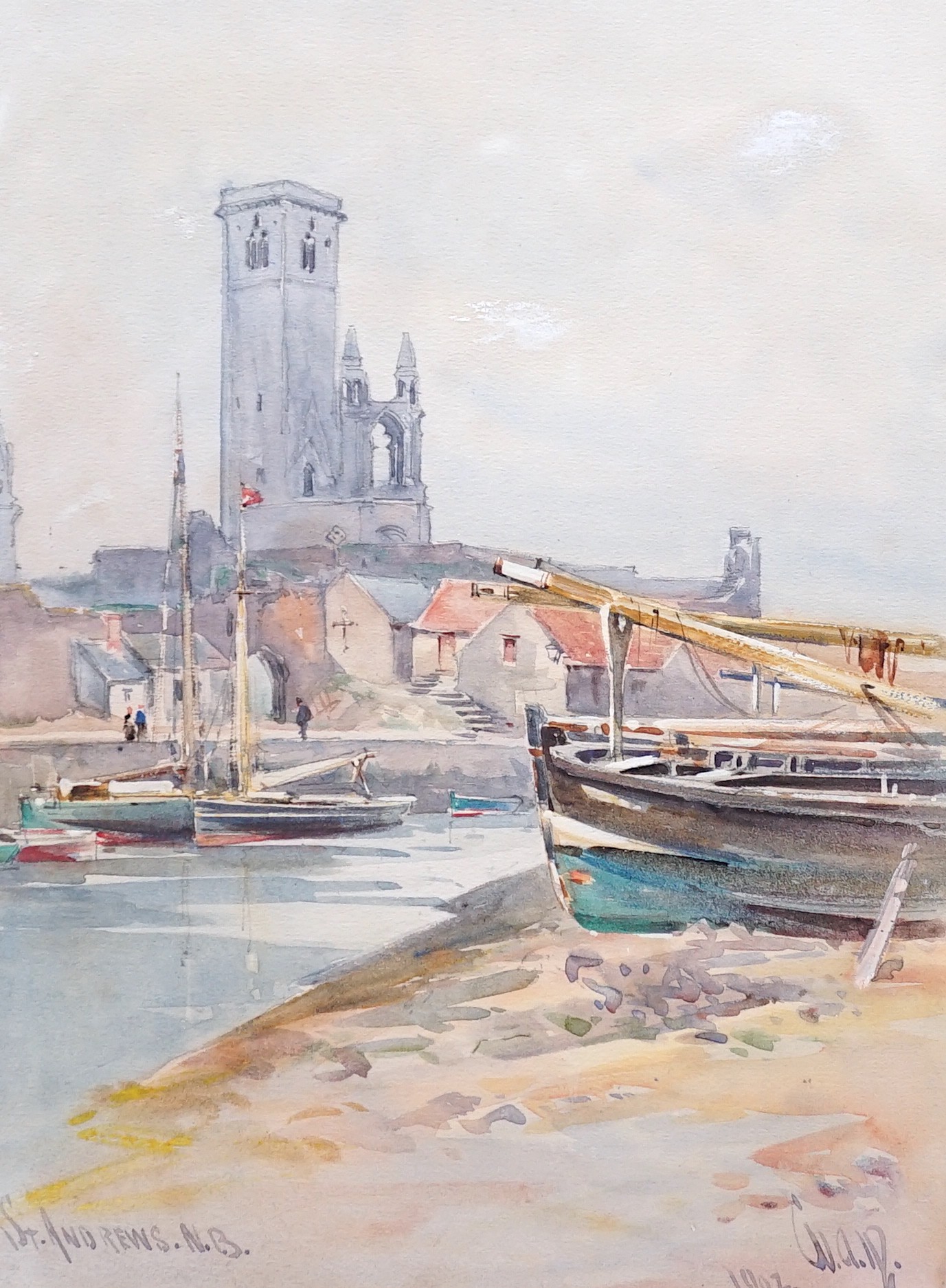 William Alister Macdonald (1861-1948), watercolour, 'Tower of St Rule, St Andrews from the harbour', monogrammed and dated 1902, 23 x 17cm
